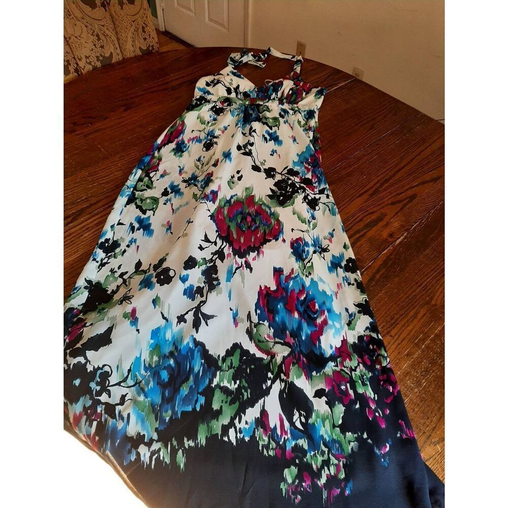 Size 8 Dress Barn Floral Maxi Long Halter Dress Lined Sleeveless Blue Pink Green
